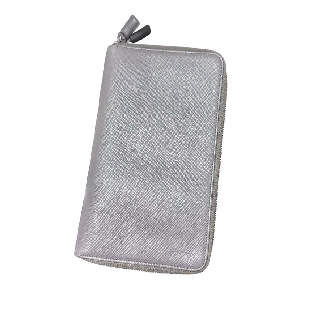 Auth Prada Grey Saffiano Leather Double Zip Travel Organizer Wallet Large - Picture 1 of 16